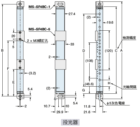 下圖所示為已在背面安裝標準安裝支架MS-SF4BC-1(另售)與標準中間支撐支架MS-SF4BC-5(另售)的狀態。