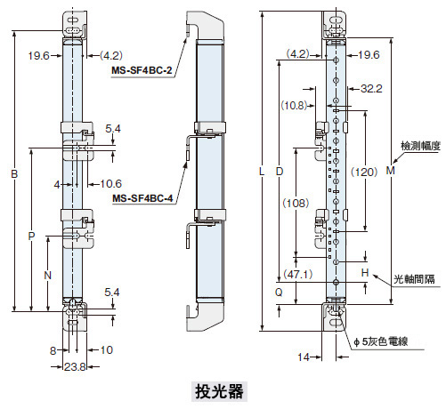 下圖所示為已在背面安裝背面用多功能安裝支架MS-SF4BC-2(另售)與多功能中間支撐支架MS-SF4BC-4(另售)的狀態。