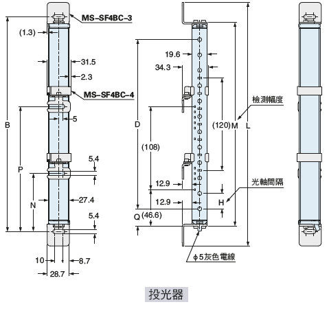 下圖所示為已在側面安裝側面用多功能安裝支架MS-SF4BC-3(另售)與多功能中間支撐支架MS-SF4BC-4(另售)的狀態。