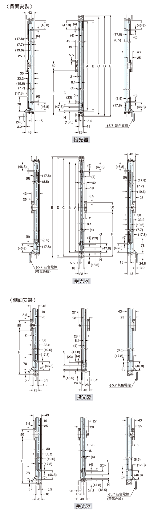 已在背面安裝標準安裝支架MS-SFD-1-5(另售)與中間支撐支架MS-SFB-2(另售)的狀態