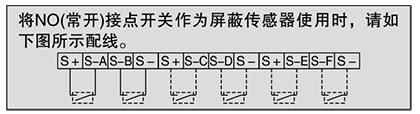 將NO(常開)接點開關作為遮罩感測器使用時，請如下圖所示配線。